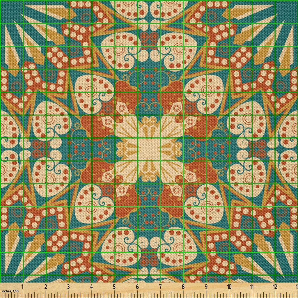 ABAKUHAUS Jugendstil Satin Stoff als Meterware, Starry Retro Blumen Curved Ornaments Muster, 2 M (148 x 200 cm), Teal Burnt Orange