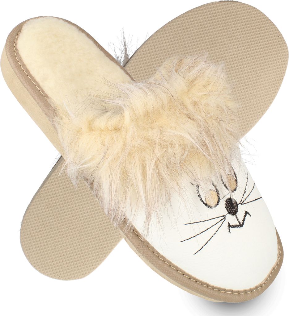 filsko Kotka - Hausschuhe Damen 36 bis 41 Katzengesicht Rindsleder weiß