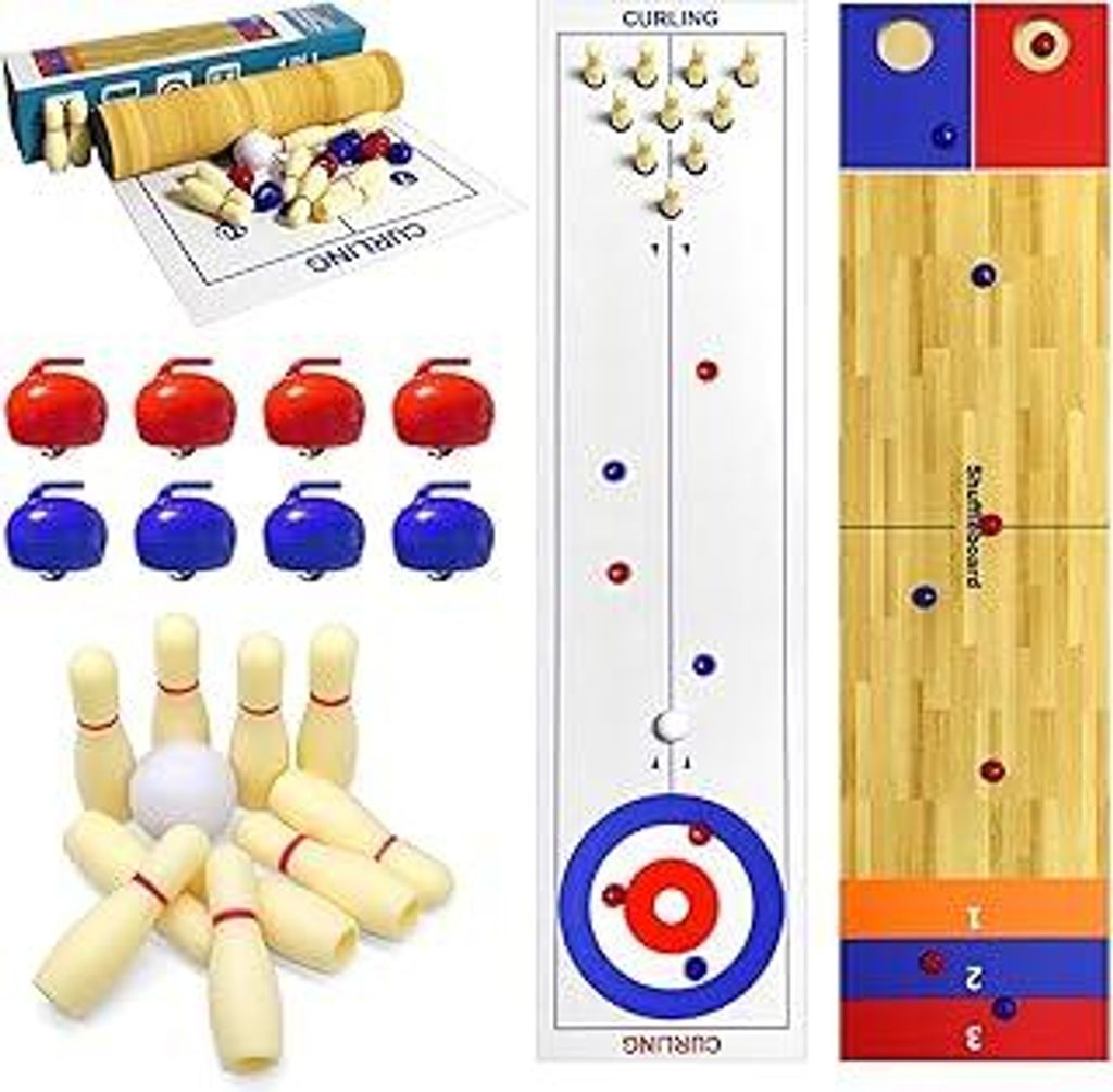 4 in 1 Tabletop Brettspiel Set, Shuffleboard Tabelletop Spiele,Shuffleboard Bowling Curling Cornhole Spiel, Interaktive Tabletop Brettspiele Ideal ...