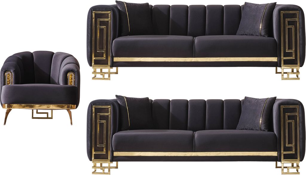 Villa Möbel Sofa Set Magnifica Farbe: Schwarz Stellvariante:3+3+1 Strukturierte Rückenpartien mit Steppnähten