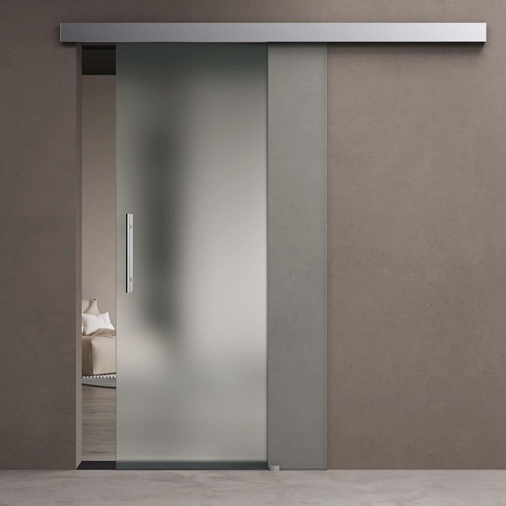 A frosted glass sliding door with a silver handle, mounted on a wall.