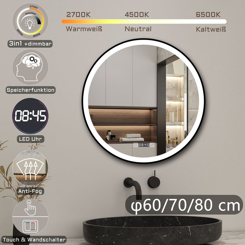 LED Badspiegel Rund 60cm mit Uhr Kalt/Neutral/Warmweiß dimmbar Touch/Wandschalter Beschlagfrei Spiegel Memory
