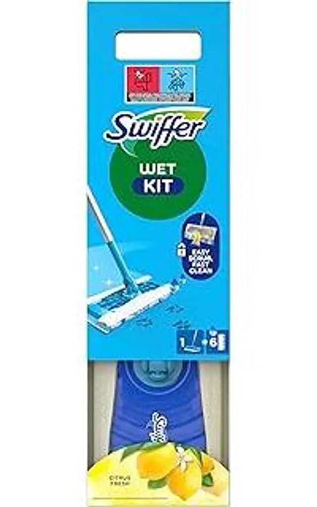 Swiffer Mop Wet Mop Starter Set per la pulizia dei pavimenti con effetto strofinante, contiene: 1 mop, 6 panni umidi per pavimenti