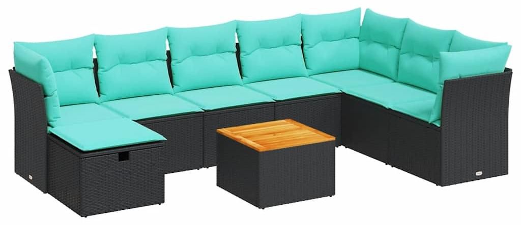 vidaXL 9-tlg. Garten-Sofagarnitur mit Kissen Schwarz Poly Rattan