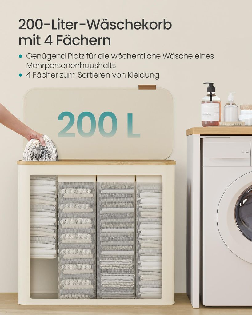 SONGMICS Wäschekorb mit Deckel, Wäschesammler mit 4
