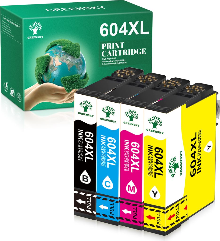A box of printer ink cartridges with four cartridges displayed in front of it.