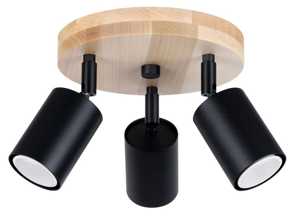 Spot Holz Metall verstellbar 33 cm breit Natur Schwarz GU10 3-flammig rund Skandinavisch Lampe