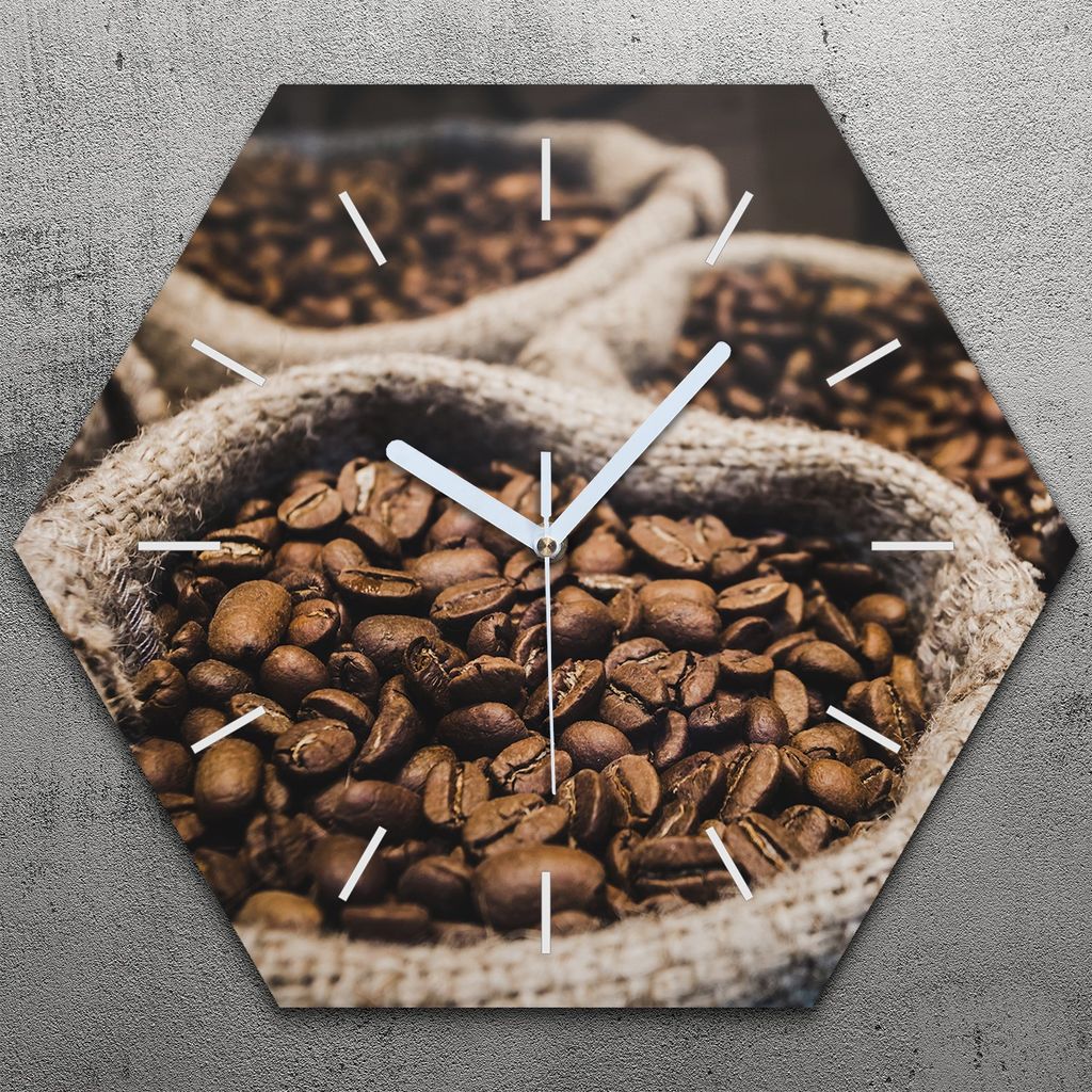 Uhr hexagonal 40 cm Glas Geräuschlos weiße Zeiger - Kaffee Coffee Bohnen