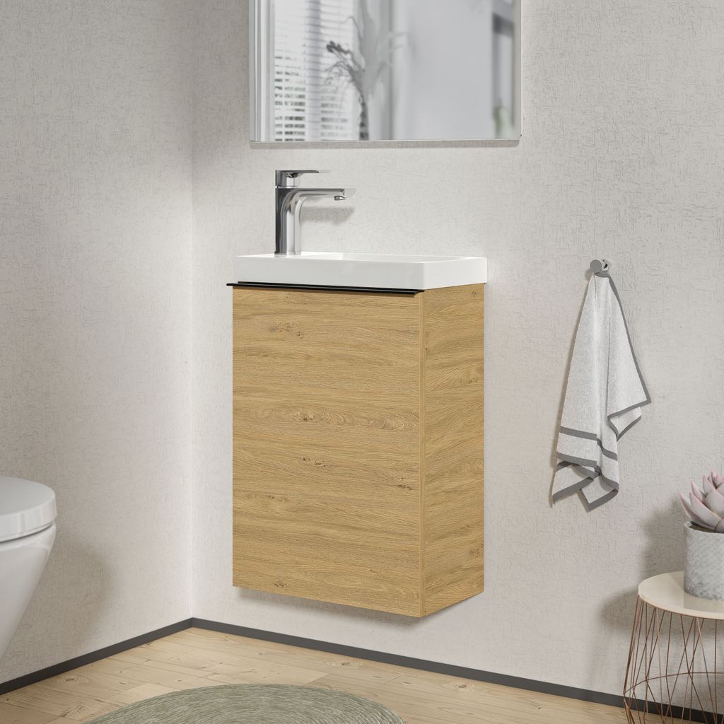 Waschtischunterschrank LAVOA 40 cm - Keramik-Waschbecken & Metallgriff - diverse Farbkombinationen möglich, Farbe Badmöbel:Eiche Honiggold, Metal...