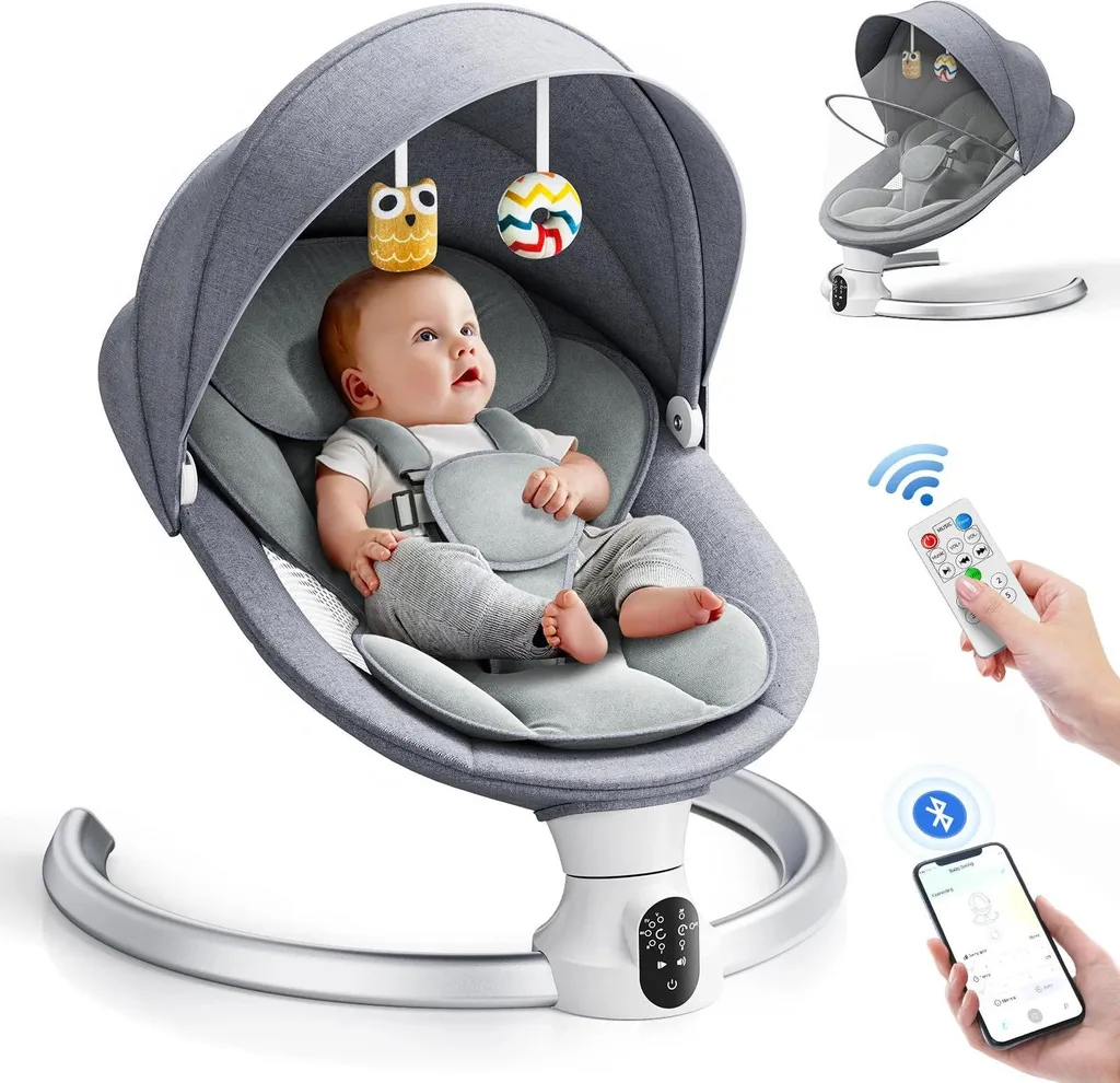 Transat bébé gris clair balancement réglable et musique Bluetooth