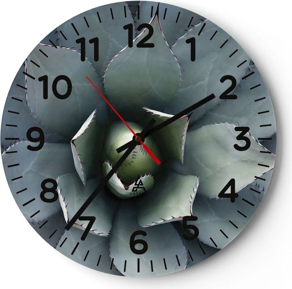 Wanduhr - Rund - Glasuhr - Blau Blätter Agave - 30x30cm - Schleichendes Uhrwerk - Lautlos - zum Aufhängen bereit - Dekoration Modern - Wanddekora...