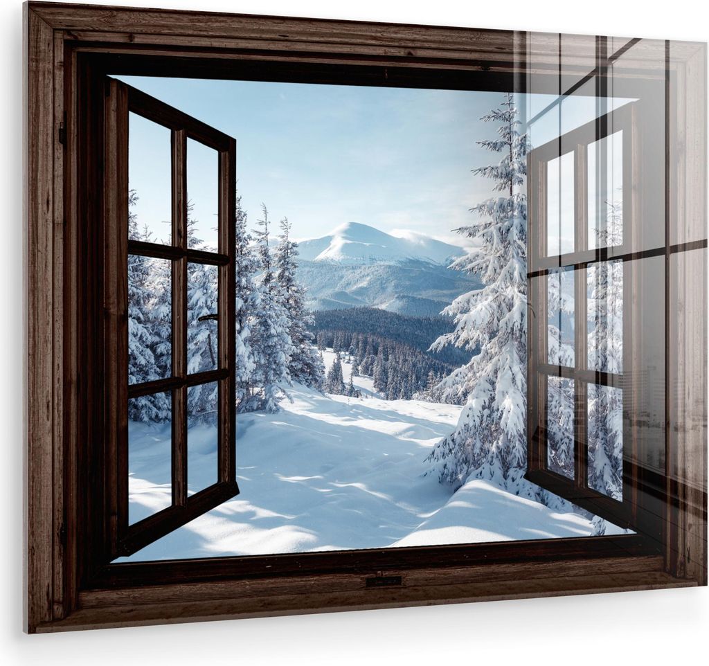 MuchoWow Glasbilder - Bilder auf Wandbild - Foto auf Glas Winter - Landschaft - Natur - Berg - Bäume - Aussicht - Ansichten 40x30 cm Wanddekoratio...