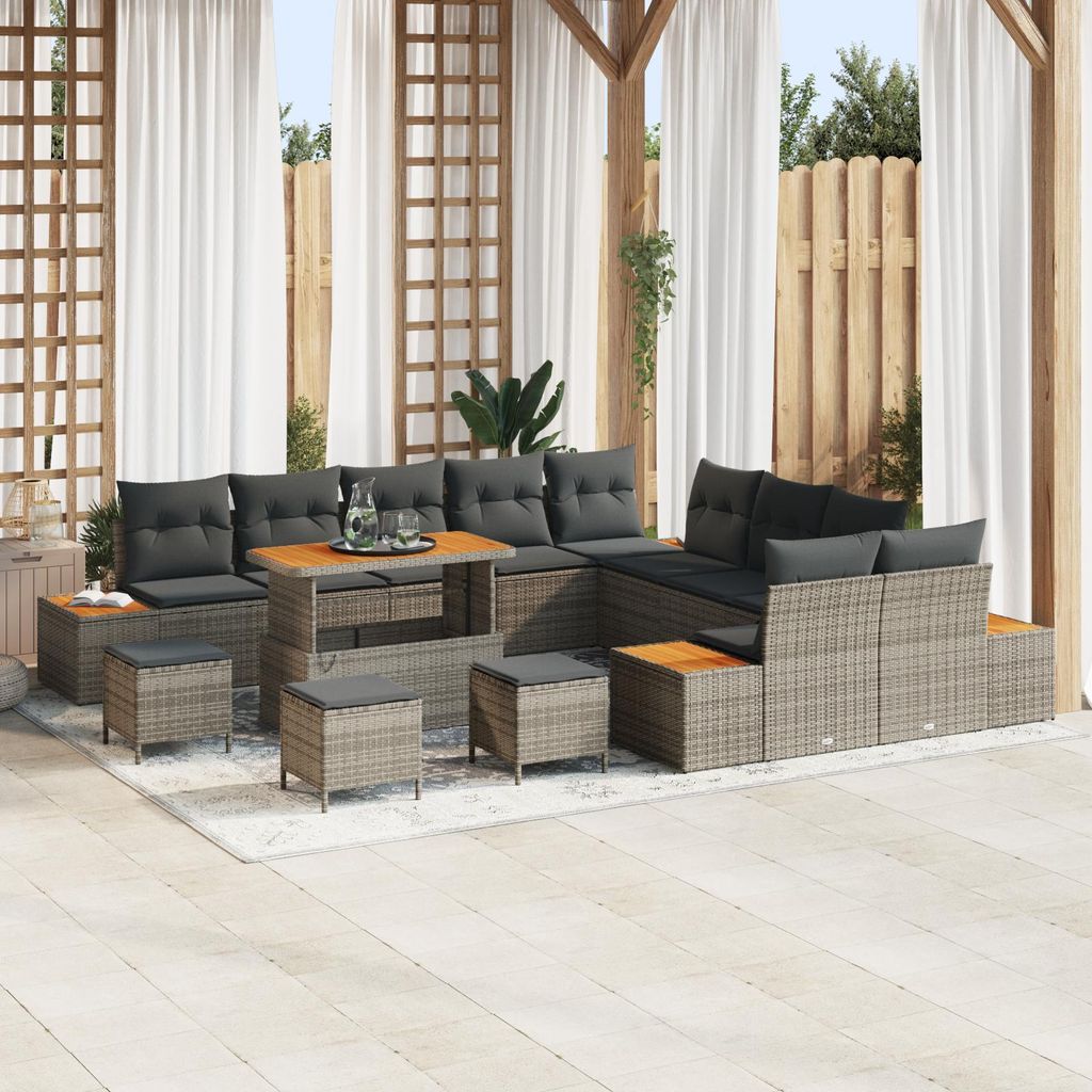 Desgin 14-teiliges Garten-Sofa-Set mit Kissen Grau Poly-Rattan Akazie - Gartensofas 3364933