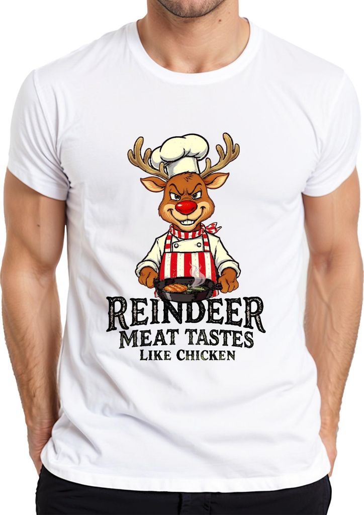 Reindeer Meat Tastes Like Chicken Rentier Koch Schürze lustig Herren T-Shirt, Weiß, 3XL