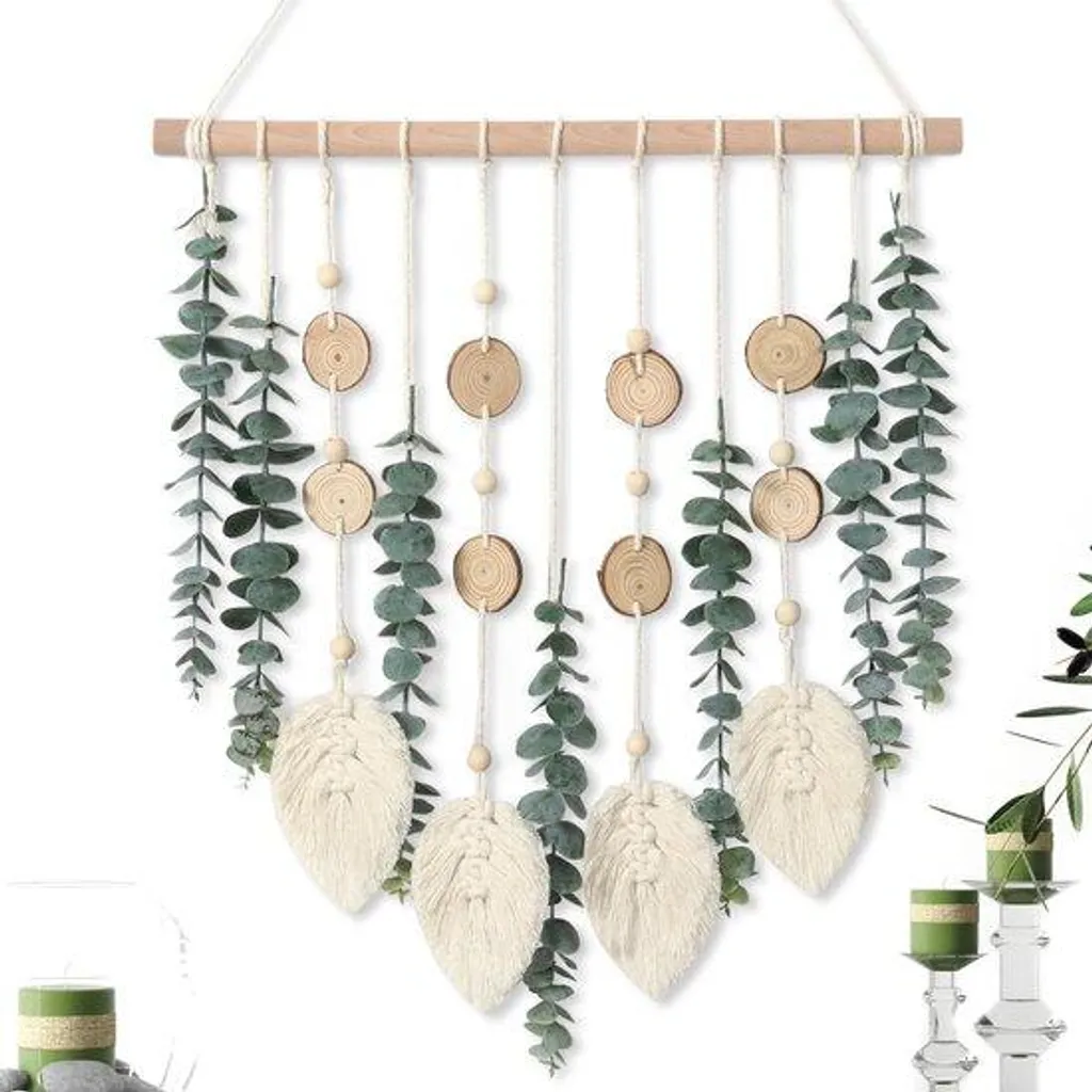 Décoration murale eucalyptus artificielle et bois creux bohème 60cm