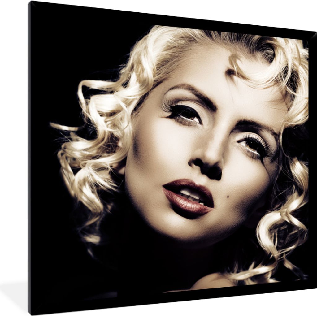 MuchoWow Gerahmtes Poster Frau - Vintage - Lippenstift - Blond - Locken 40x40 cm - Poster mit Schwarzem Bilderrahmen Wandposter Rahmen Foto Bilde...