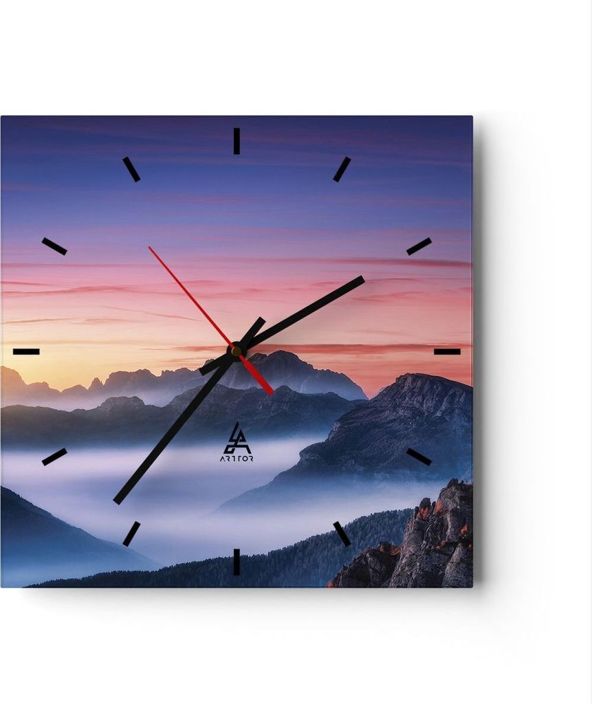 Wanduhr - Quadrat - Glasuhr - Westen Sonne Berge - 30x30cm - Schleichendes Uhrwerk - Lautlos - zum Aufhängen bereit - Dekoration Modern - Wanddeko...