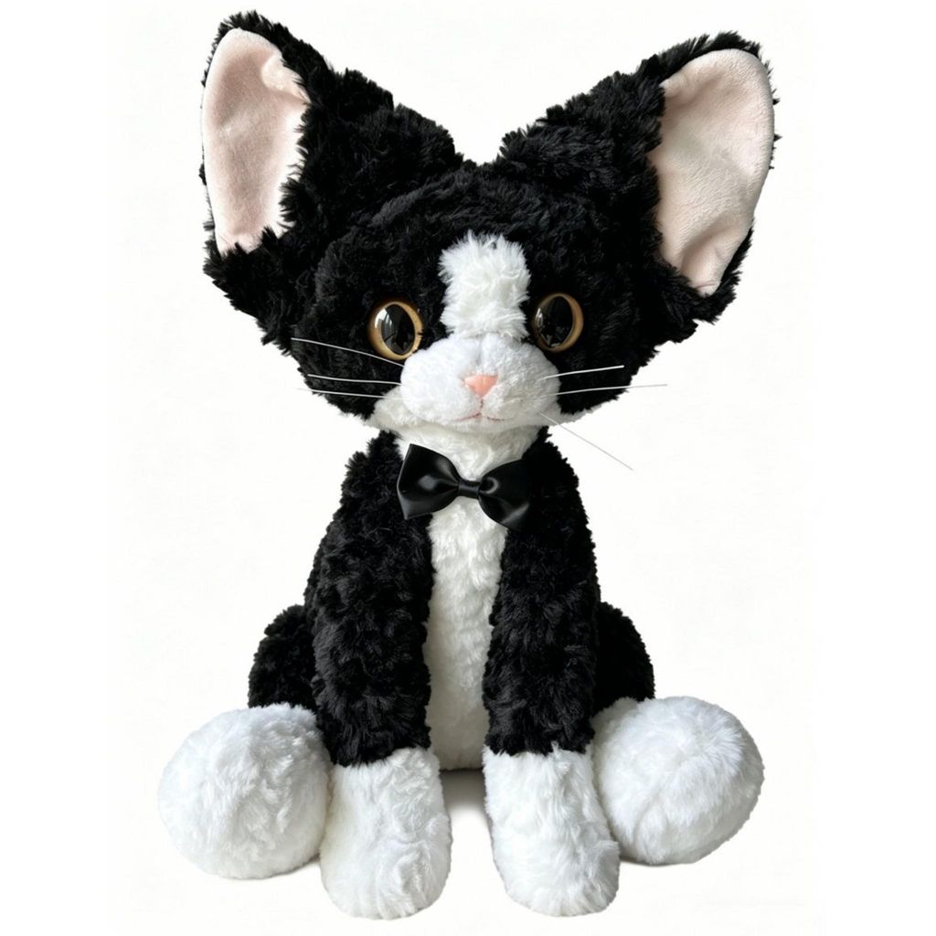 Plüsch Katze Kuscheltier 40 cm Schwarz Weiß Krullig Produktbild 