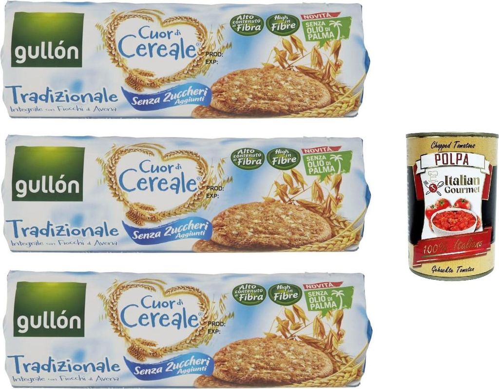 Gullón Cuor Di Cereali biscotti avena tradizionale Zero Zuccheri Aggiunti , Kekse mit Hafer ohne Zuckerzusatz, 3x 280g + Italian Gourmet polpa 400g
