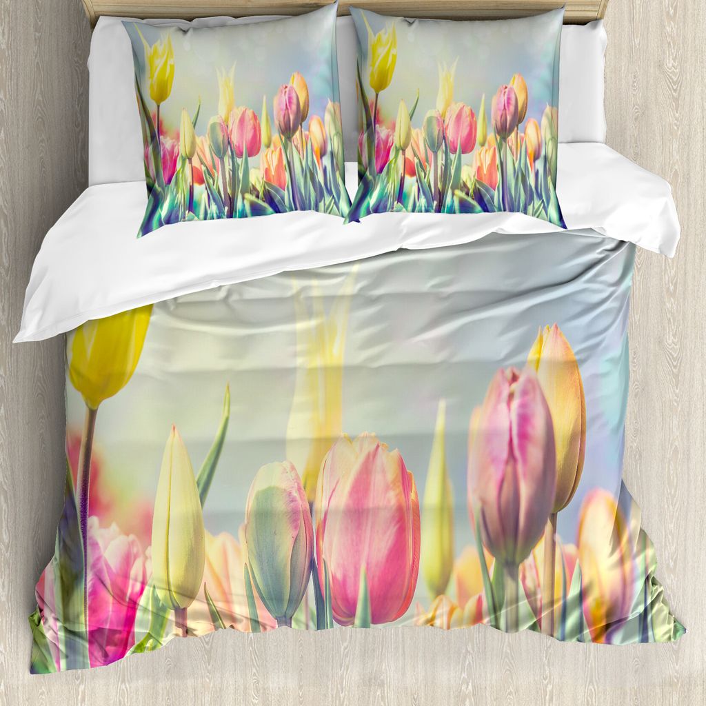 ABAKUHAUS Pastell Bettbezug, Tulpen Blumenbeet Park, Milbensicher Allergiker geeignet mit Kissenbezügen, 200 cm x 200 cm - 80 x 80 cm, Mehrfarbig