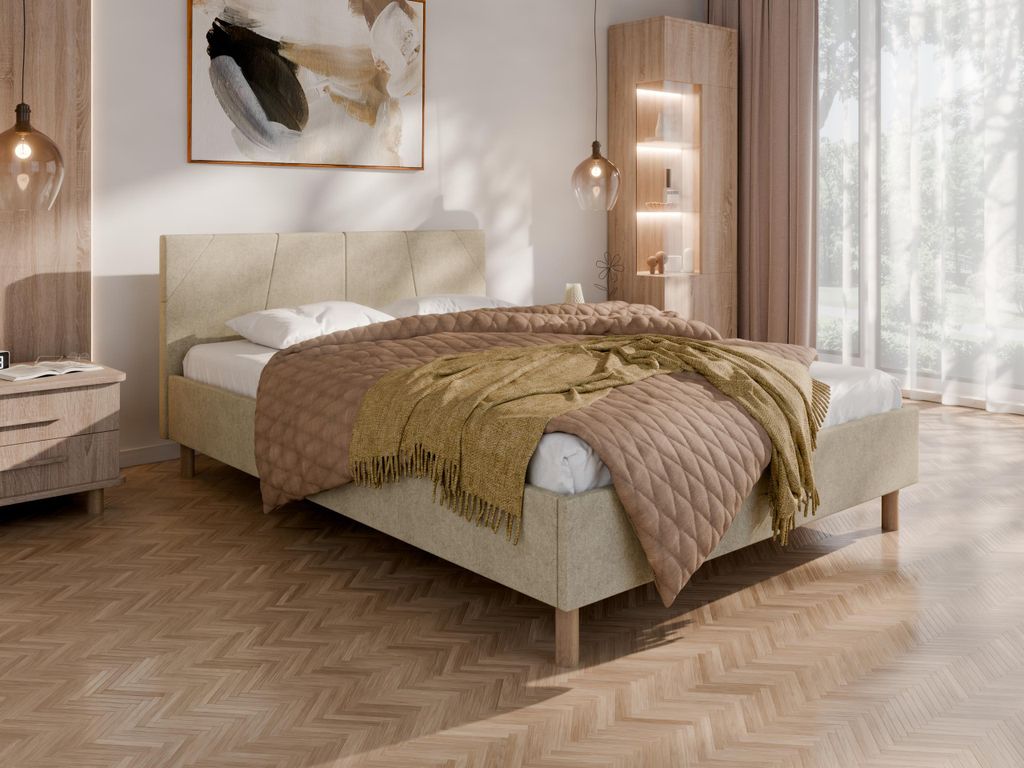 ALMORE Polsterbett – minimalistisches Design, Holzbett auf Füßen | Cira - 7zonen Multipocket