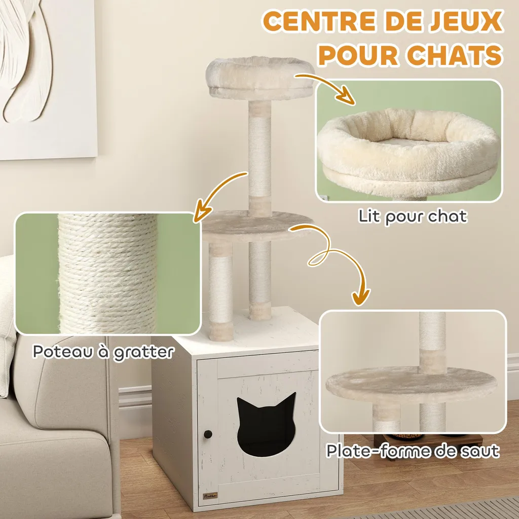Arbre à chat d'appartement avec cache-litière fermé beige 129 cm - 8