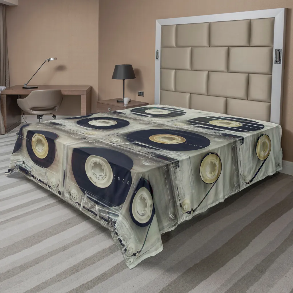 Drap plat noir 260x228 cm, imprimé cassettes rétro, confort premium