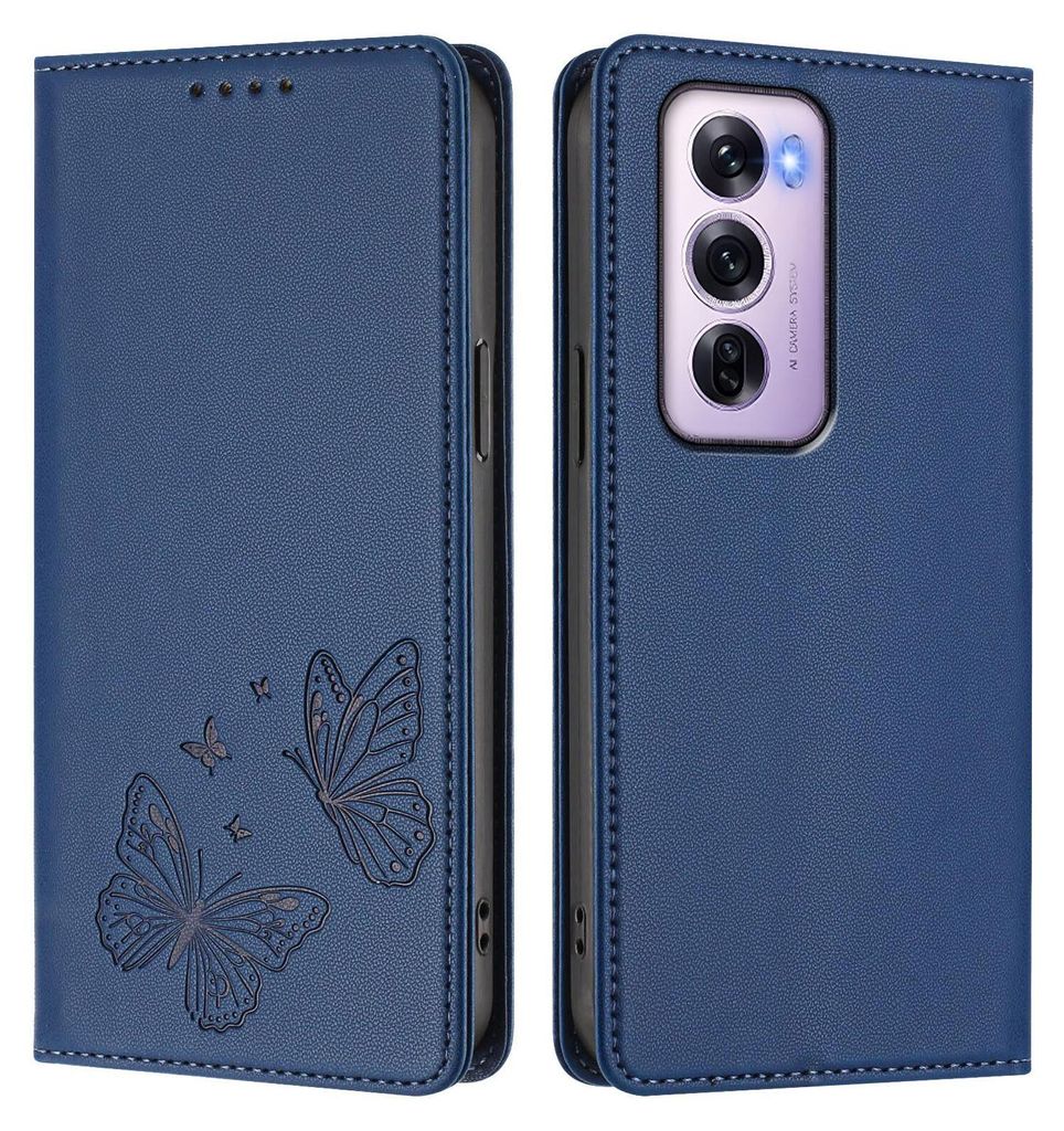 Lederhülle für Oppo Reno12 Pro 5G, Schmetterling Prägung Leder Brieftasche Schutzhülle mit Ständer Dunkelblau