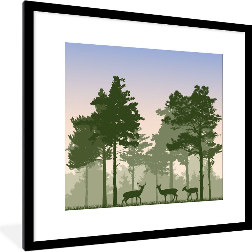 MuchoWow Gerahmtes Poster Eine Illustration eines Waldes mit Rehen 40x40 cm - Poster mit Schwarzem Bilderrahmen Wandposter Rahmen Foto Bilder - P...
