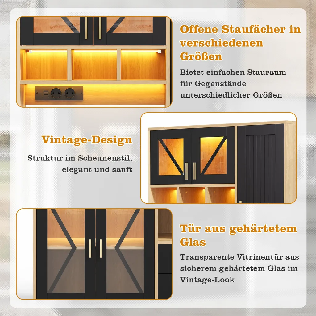 Buffet de Cuisine Noir avec Vitrine LED et Prises Secteur Intégrées - 10