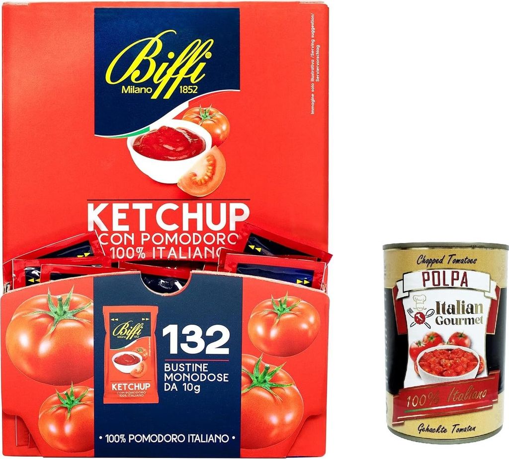 3x Biffi 132 Ketchup Sauce 10g Ideal for Chips Buns Hamburger Sandwiches + Italian Gourmet polpa 400g