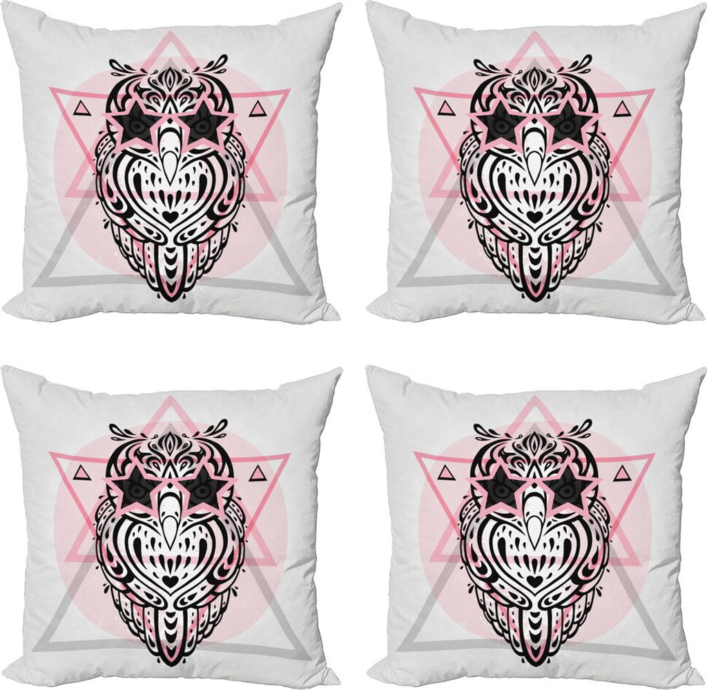 ABAKUHAUS Eule Drucken Kissenbezug Set (4 Stück), Lustige Moderne Kunst Vogel, Moderner Doppelseitiger Digitaldruck, 40 cm x 40 cm, rosa-Grau