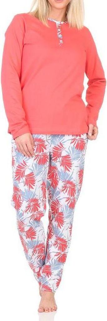Wunderbarer Damen Pyjama Schlafanzug mit Hose in floralem Print - auch in Übergrössen ; rot1 , 60