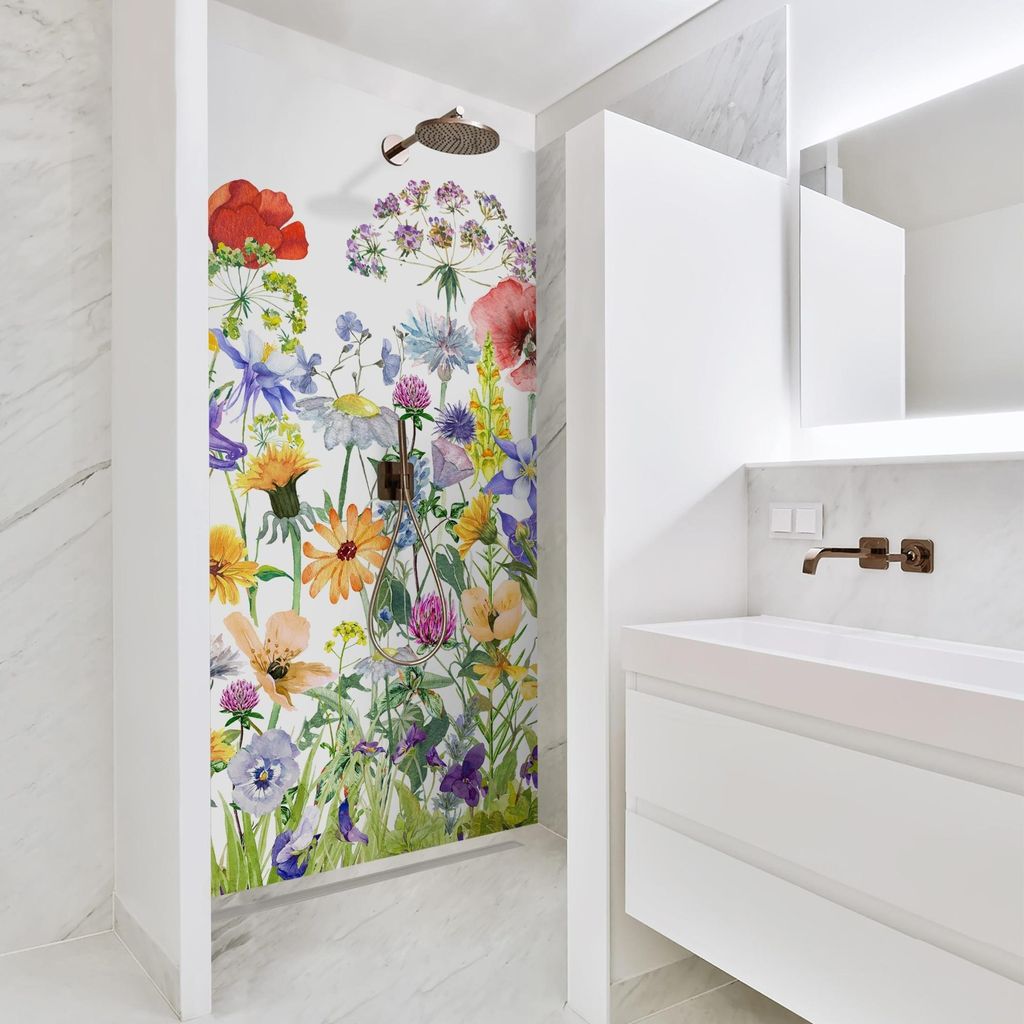 Duschrückwand Blumen selbstklebend - 0.35 mm Wandpaneel wasserfest Blumenwiese bunt Aquarell Illustration Badrückwand fugenlos Smart matt 90x210 cm