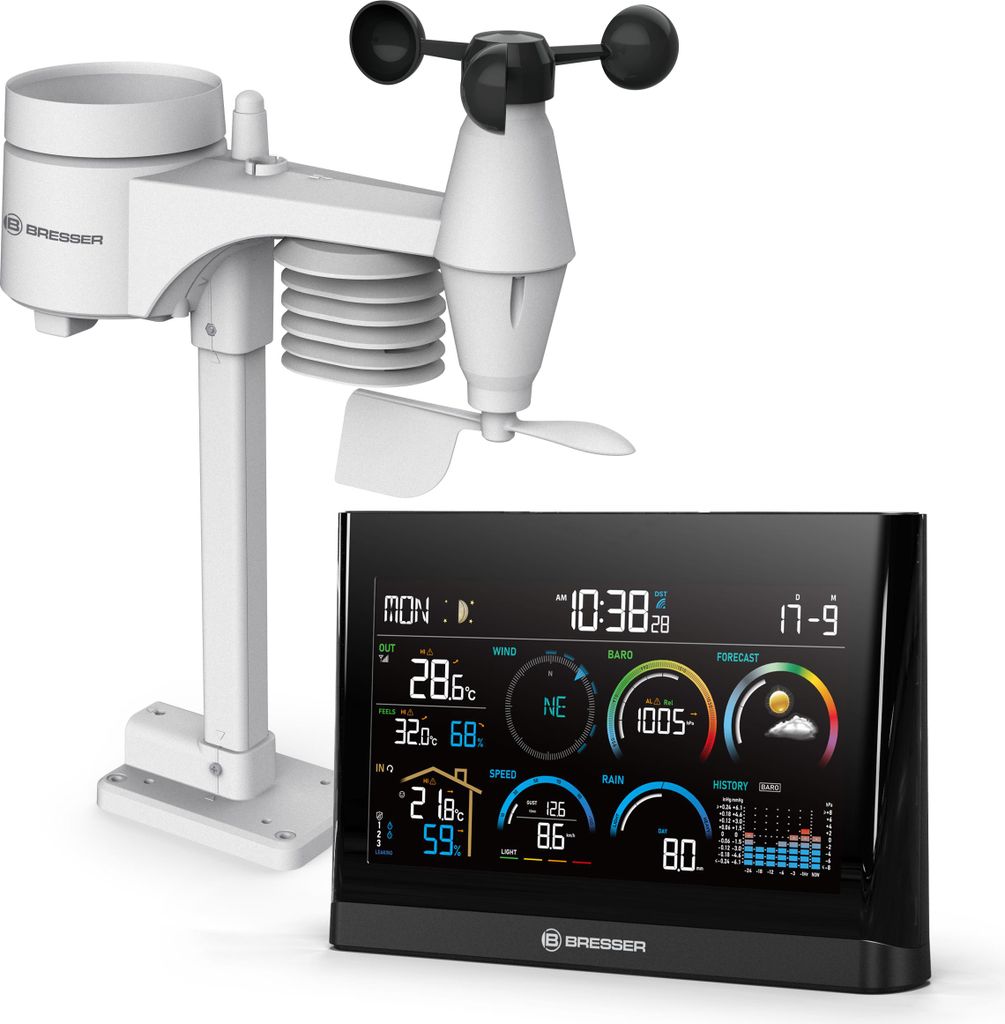 Bresser 5-in-1 Profi-Wetterstation mit Außensensor, Wetterindex, Frostwarnung, Schwarz