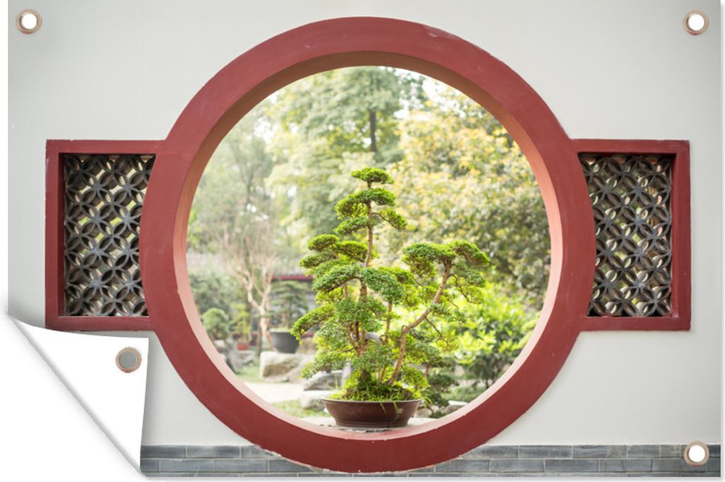 MuchoWow 90x60 cm Outdoor-Poster Gartendeko Sichtschutz Garten Poster für den Garten Blick auf Bonsaibäume durch ein rundes Fenster
