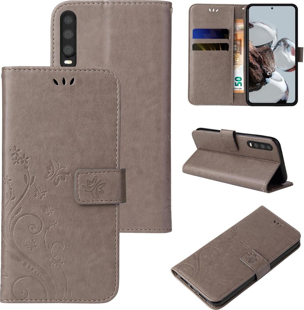 Handyhülle für Huawei P30 Floral Blumen Schmetterling Flip Cover Hülle Case Klapphülle Handytasche Farbe: Grau