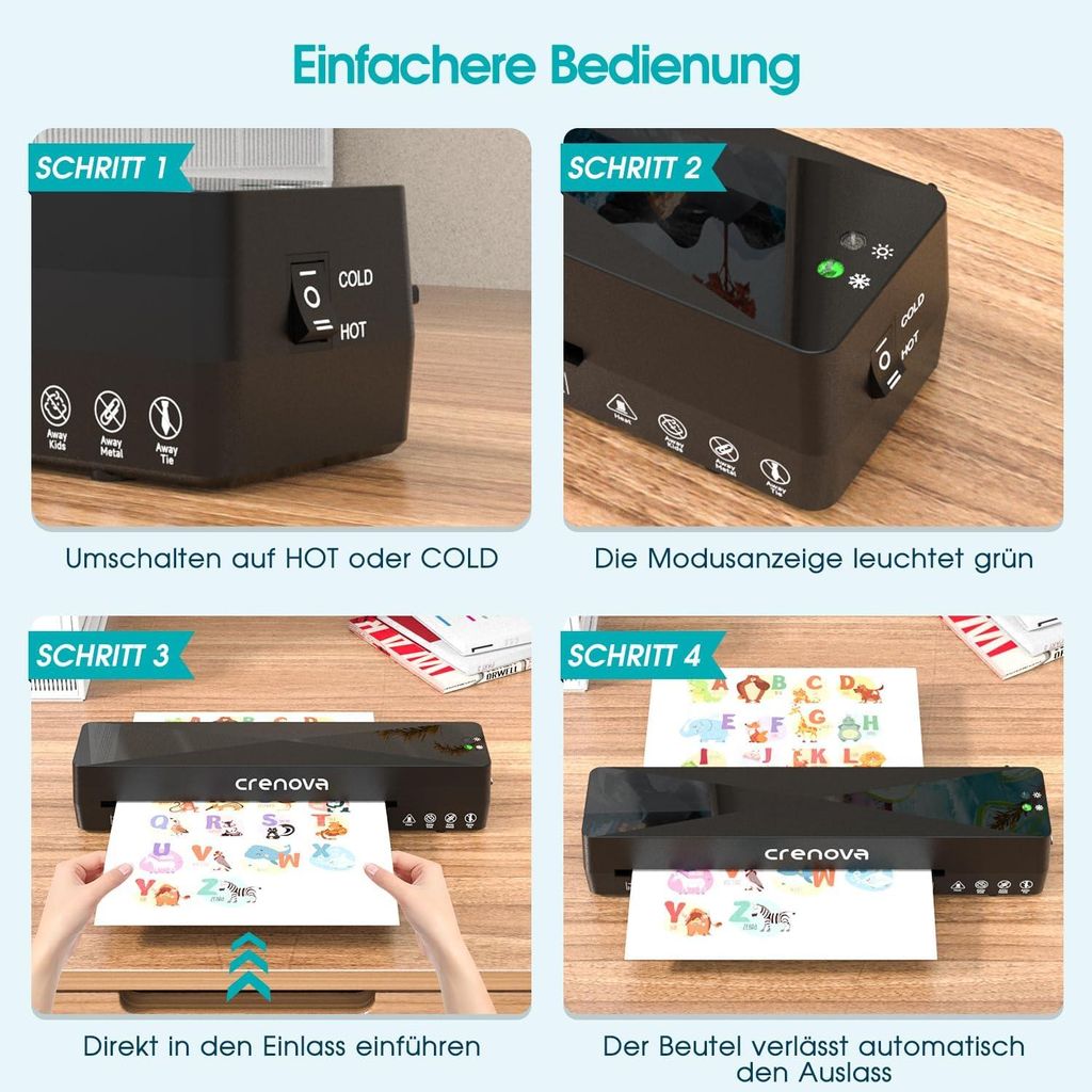 Crenova Laminiergerät A4/A5/A6,Schneller Laminator mit 10 Laminierfolien, Personal für Hausgebrauch, Schule Lehrer, Büro Karte (Schwarz)