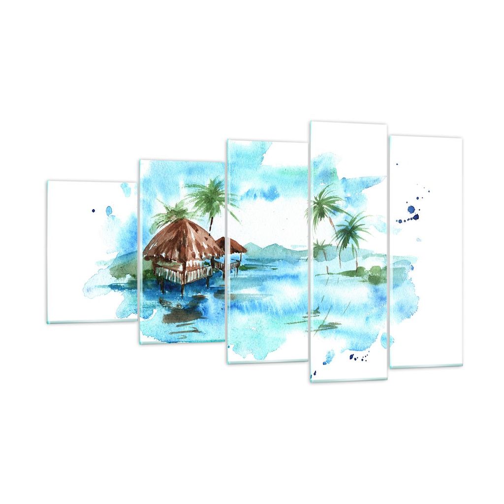 Bilder auf glas - Tropen Wasser Bungalow Ufer - 100x60cm - Glasbilder - Wandbilder - Kunstdruck - zum Aufhängen bereit - Wanddekoration aus Glas -...