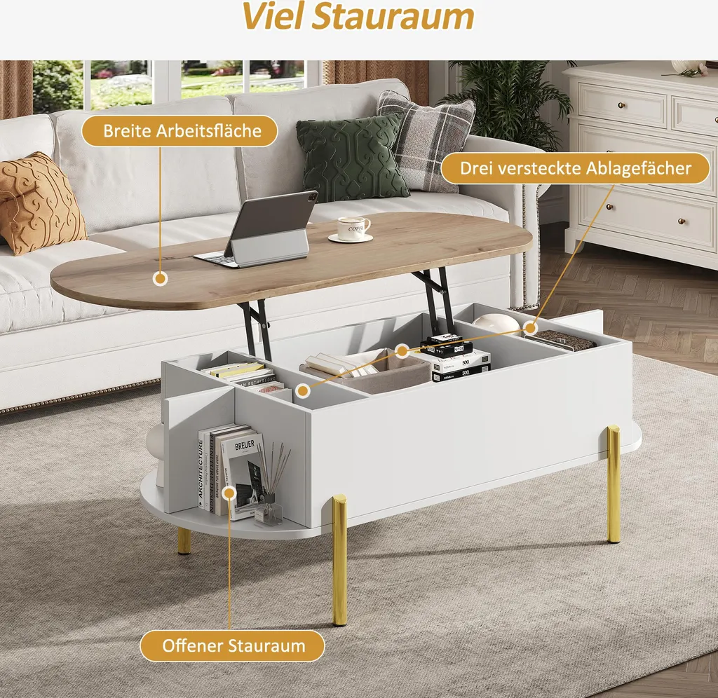 Table de Salon Relevable Multifonction avec 7 Niches de Rangement Blanc - 6