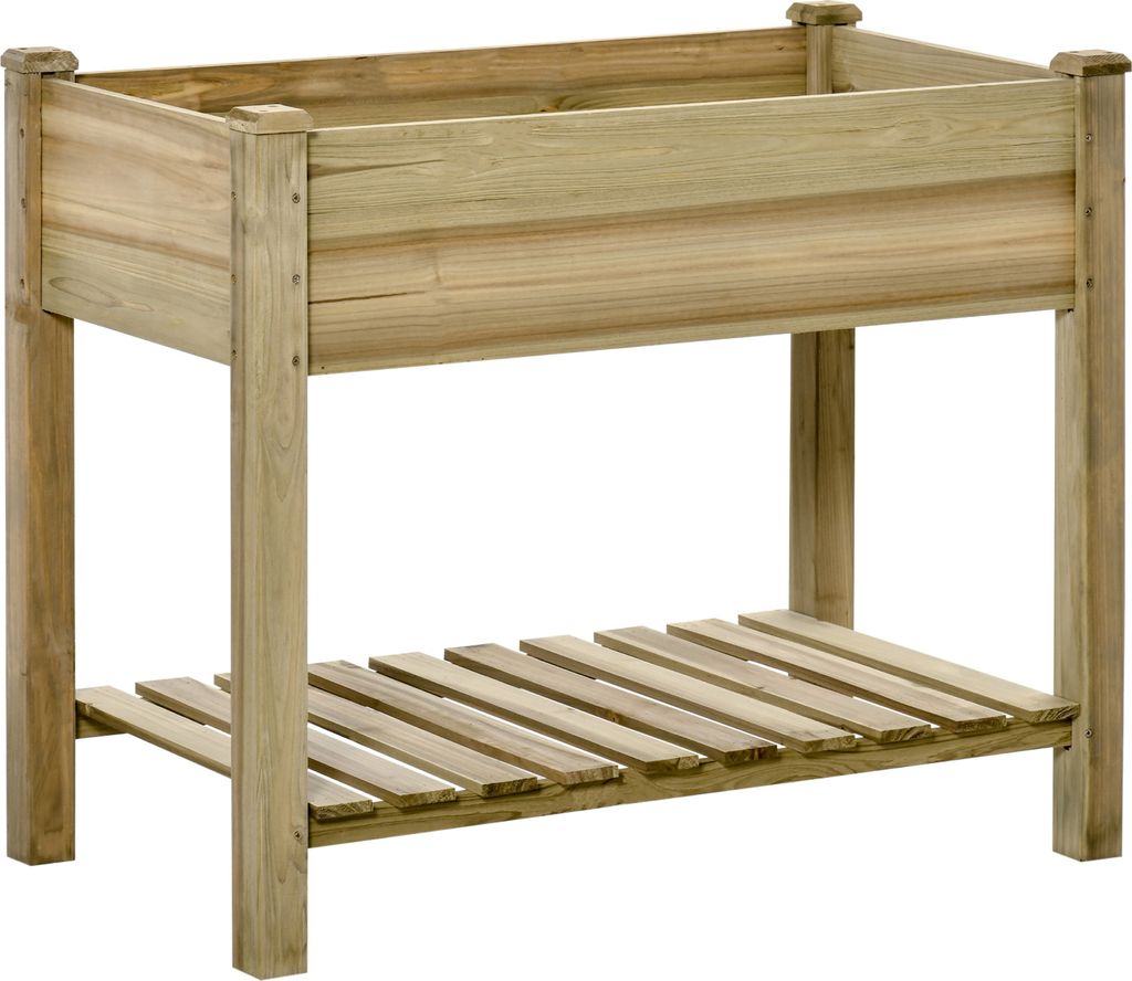 Hochbeet mit Ablage, erhöhtes Kräuterbeet mit Ablauflöchern, Pflanzkasten aus Holz, wetterbeständig Gemüsebeet, Pflanzbeet für Garten, Balkon