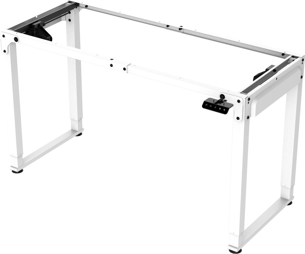 A white adjustable desk frame shown from a diagonal angle against a white background.