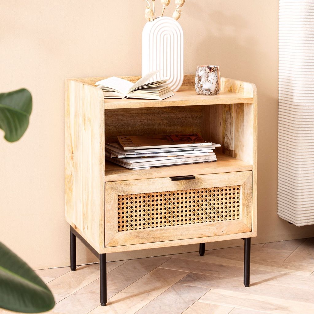 WOHNLING Nachtkonsole Mango Massivholz / Rattan 50x60x40 cm Nachttisch Braun Nachtkommode Boxspringbett mit Schublade Wiener Geflecht Nachtkästchen