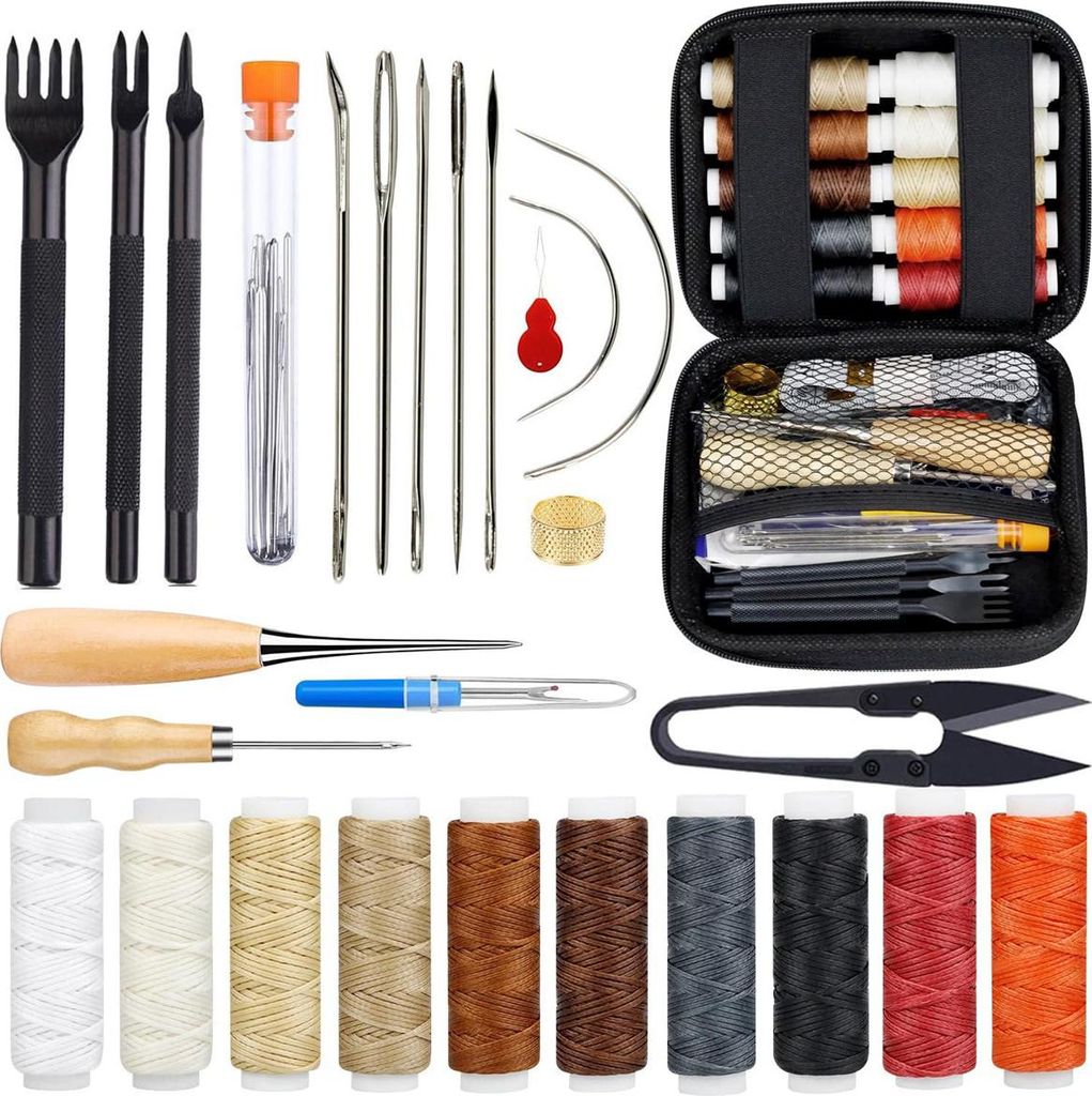Leder-Nähset, DIY-Leder-Handwerkswerkzeug-Set, Lederfaden, Wachsfaden mit Ledernadel, Nähahle, Fadenschere, Fingerhut, Maßband und Aufbewahrungs...