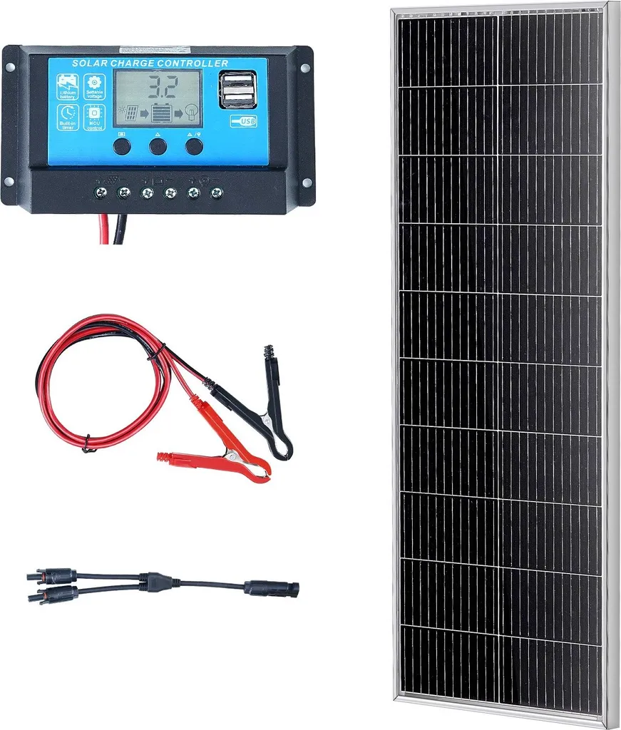 kit di pannelli solari da 100W Modulo solare monocristallino da 12 V più regolatore di carica Sistema solare da 8,33 A Tasso di conversione del 23% Compatibile con batterie AGM, GEL, FLD, LI Ideale per camper yacht a casa