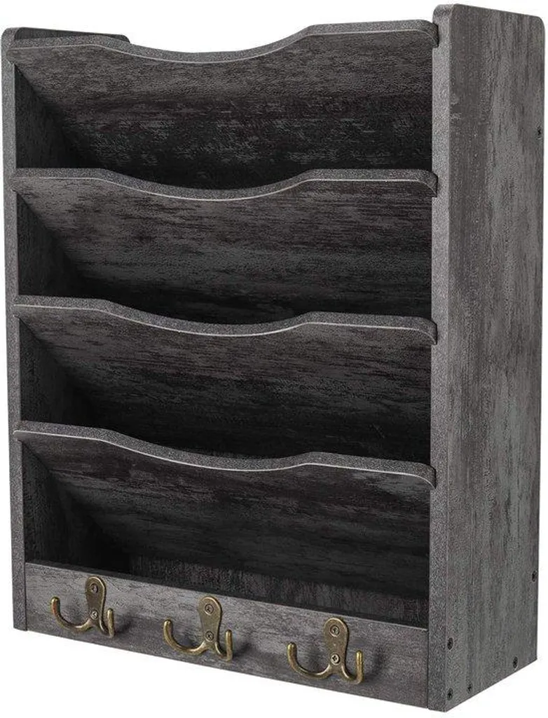Organiseur mural bureau bois gris 5 compartiments + 3 crochets - Trieur