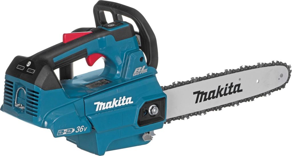 A cordless chainsaw is shown against a white background.