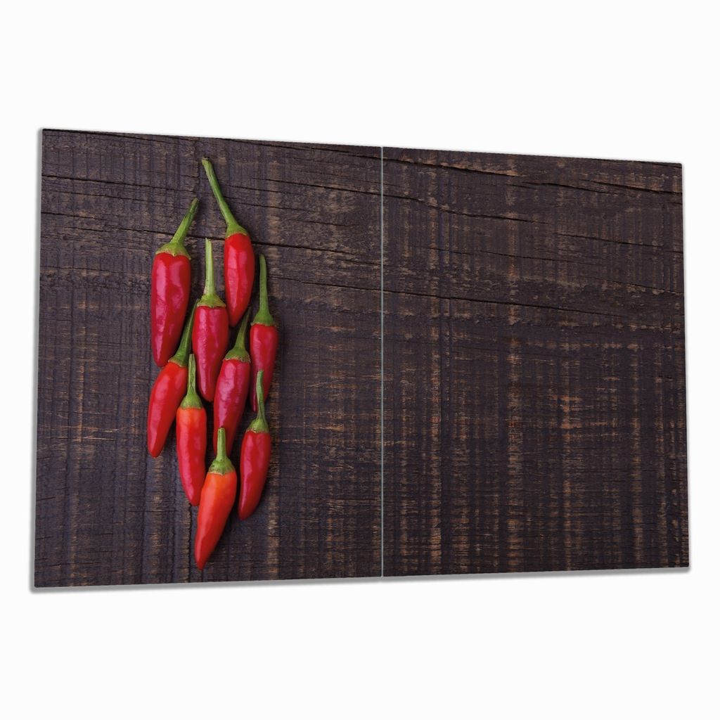 Wallario Herdabdeckplatte aus Glas, Größe 80 x 52 cm 2-teilig, Motiv Rote Paprikaschoten auf einem dunkelbraunem Holzbrett