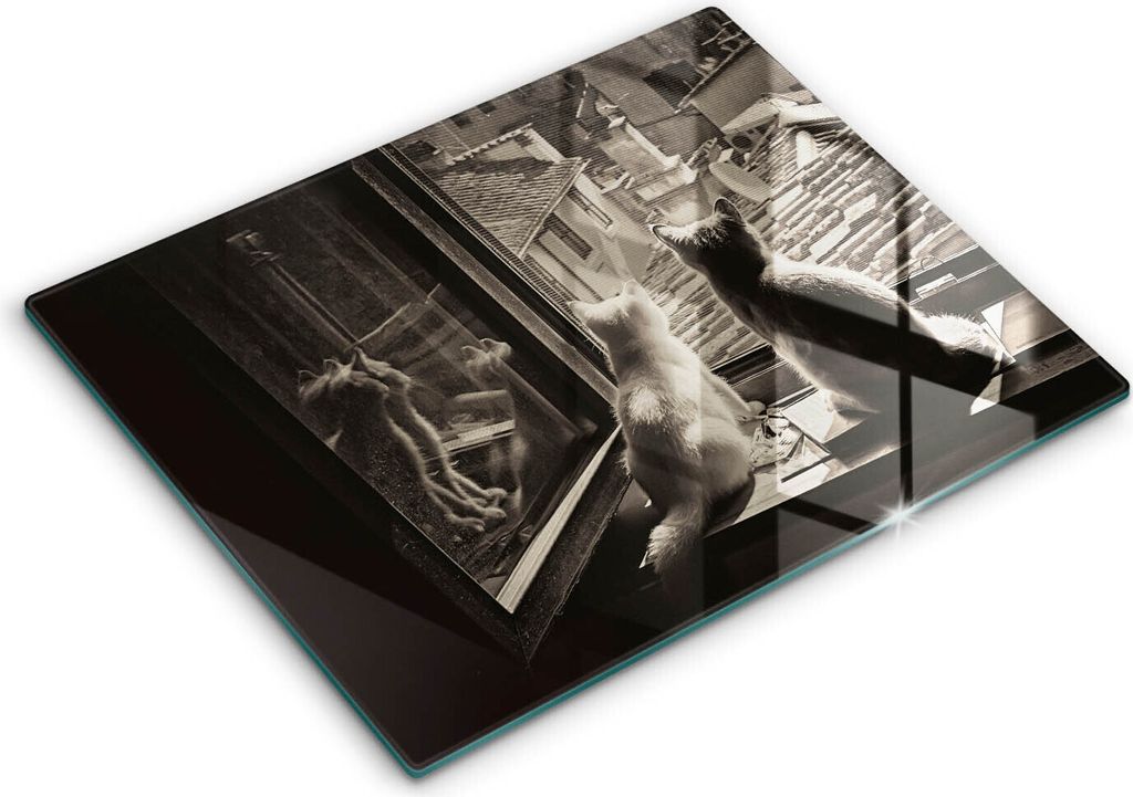 Glasschneideplatte - Herdabdeckplatte - 52x40 cm - Schneidebrett - Spritzschutz - Katzenstadt und Fenster