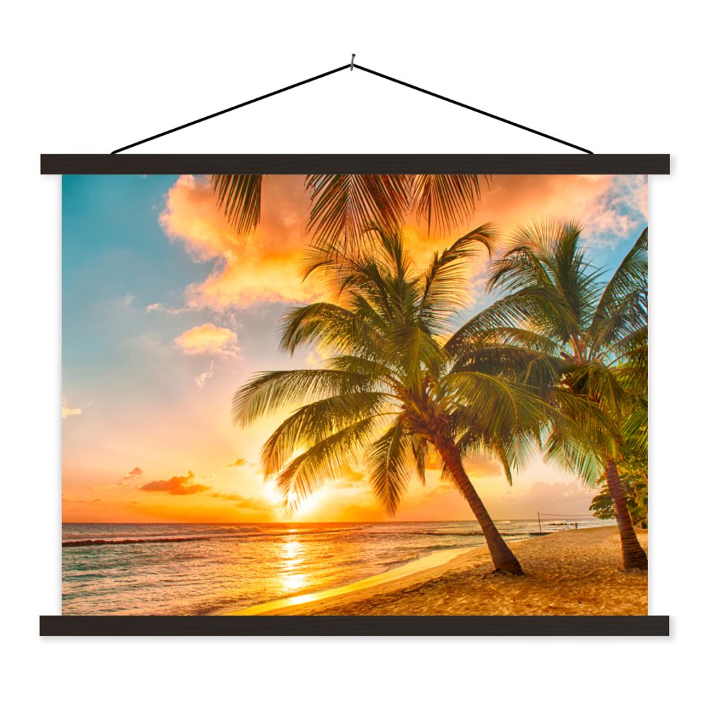 MuchoWow Textilposter Sonnenuntergang - Palme - Wolken - Meer - Strand 150x113 cm mit holzfarbenen Rahmen - Poster